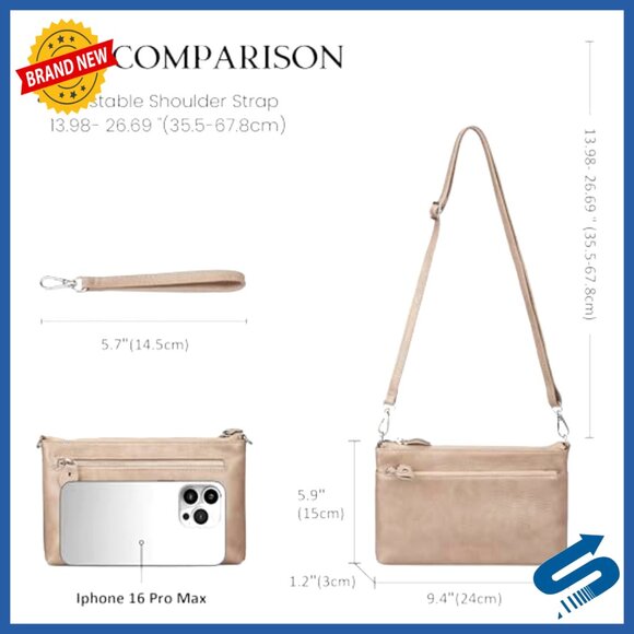 Genuine Leather RFID Blocking Crossbody Wristlet Clutch with Adjustable Strap